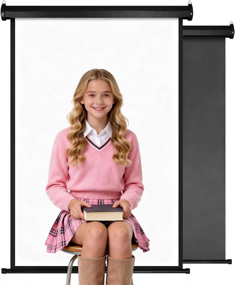 Retractable White Background Screen 36" x 56" Portable Roll-Up, Pull-Down Background, Black and White Double-Sided Design, PVC Material, Suitable for ID Card Passport Photo Photography