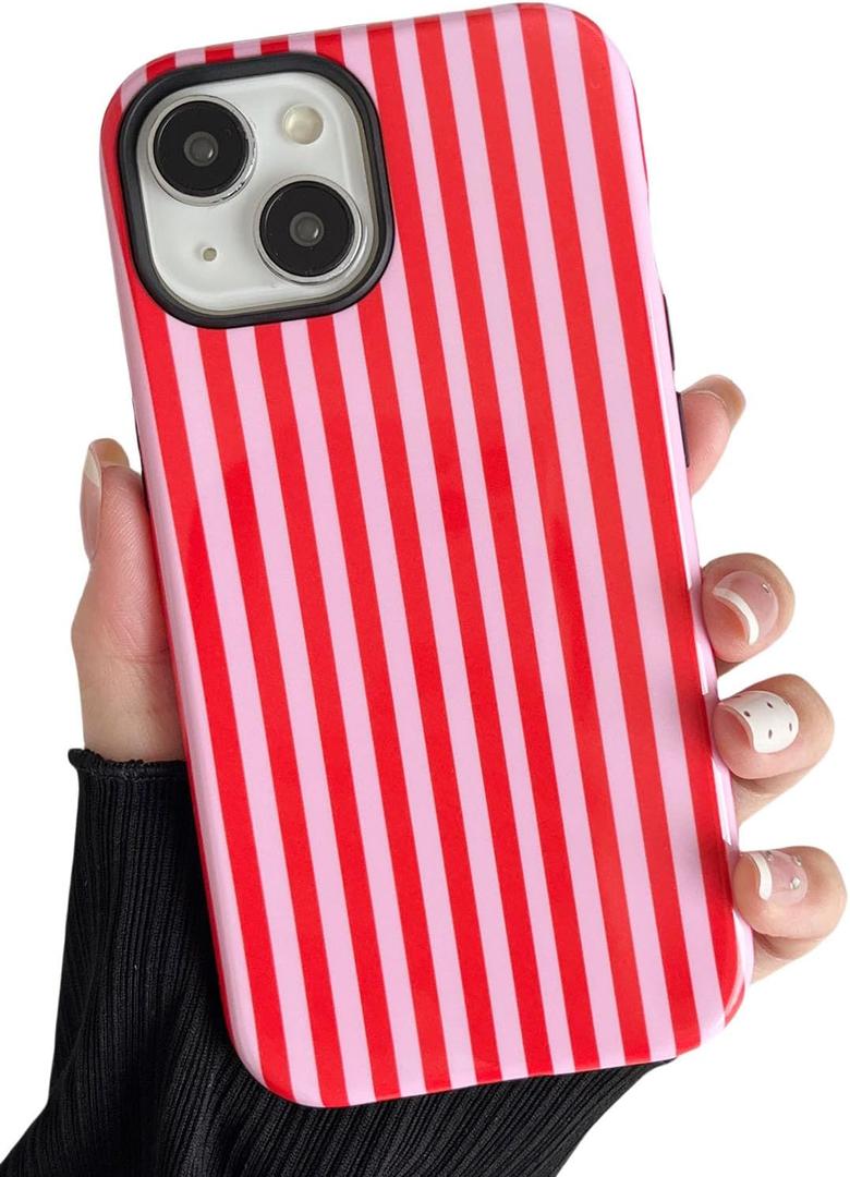 Longlayss Compatible with iPhone 14 Plus/15 Plus Case Cute Aesthetic Striped Phone Case for Women Girl Shockproof Slim TPU and Hard PC Protective Cover (Pink and Red)