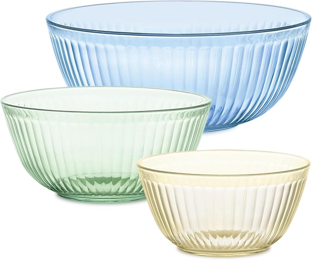 Pyrex Colors Tinted 3-PC, Unlidded Small/Medium/Large Glass Mixing Bowls, Nesting Space Saving Set of Bowls For Prepping and Baking, 1.3QT, 2.3QT & 4.5QT (Blue, Green, Yellow)