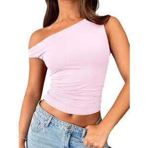 Trendy Queen Womens Summer Off The Shoulder Tops Going Out T Shirts Crop Tank Top Fashion Clothes Spring Outfits 2025 (Small, Pink)