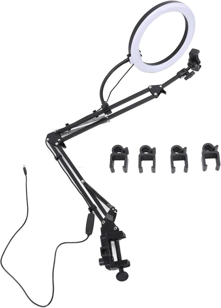 10.24in Ring Light with Overhead Phone Mount, 5cm Heavy Duty Clamp, Dimmable LED Desk Lamp for Makeup, TikTok Videos, YouTube, Live Streaming, Cooking, Online Teaching, Vlog