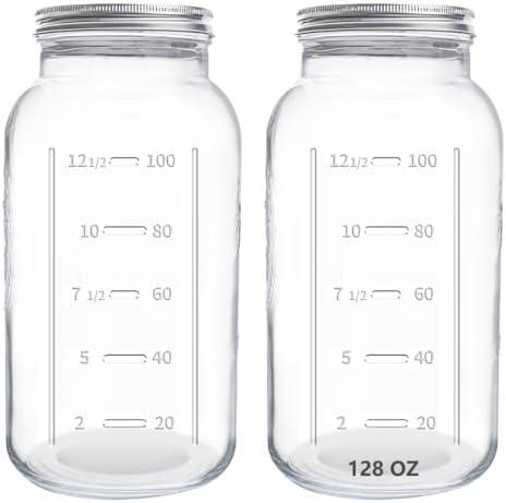 eleganttime 128 oz Mason Jars Extra Wide Mouth 2 Pack, 1 Gallon Glass Large Jars with Airtight Lid, Safe for Food Storage, Curing, Fermentation and Preservation(Not standard wide mouth)