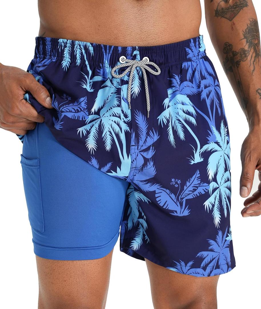 APTRO Men's Swim Trunks with Compression Liner 5 Inch Bathing Suit Beach Swimsuits (Large, M01 Palm Blue)