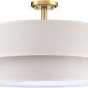 20 Inch LED 24W Adjustable 3000/4000/5000 2 Tier Drum Linen Fabric Shade Semi Flush Mount Close to Ceiling Light Fixture for Bedroom,Living Room,Dining Room Hallway(Gold)