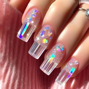 Press on Nails Medium Length Square Artificial Acrylic Fake Nail Pink Aurora Design Glossy Stick on Nail Full Cover Reusable Coffin Artificial Fingernails Glue on Nail for Women 24Pcs