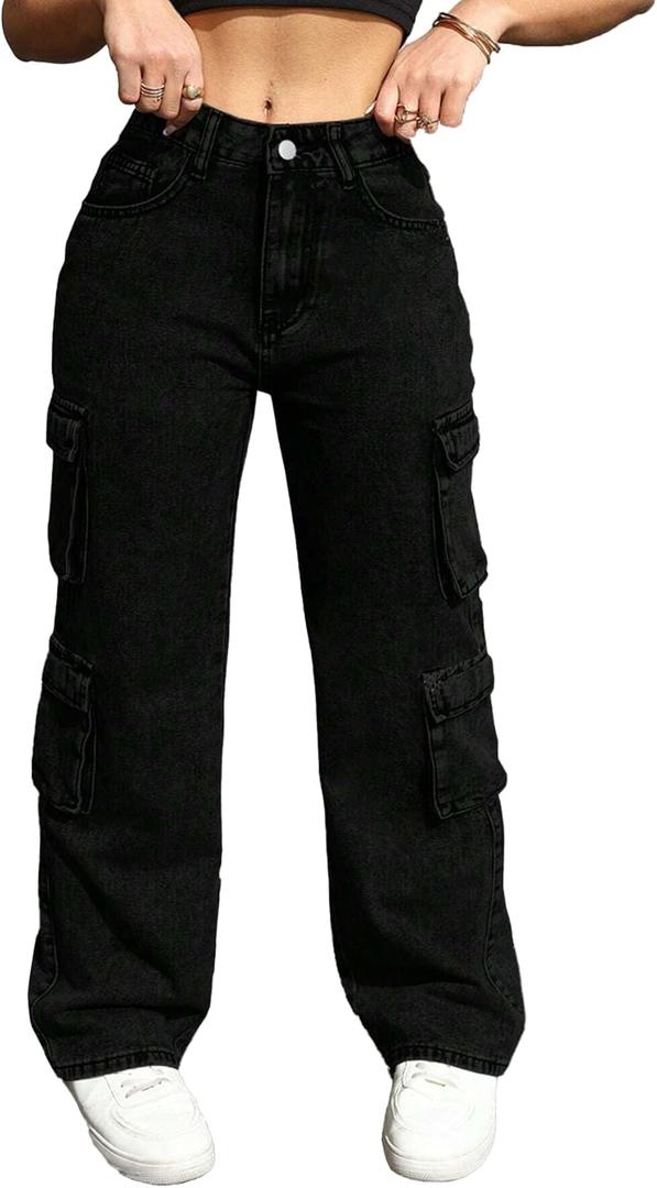 Plus Szie Women's Cargo Pants, Denim, Wide Leg, Straight Fit, Multi-Pocket Design, Casual Streetwear Style (1X, Black)