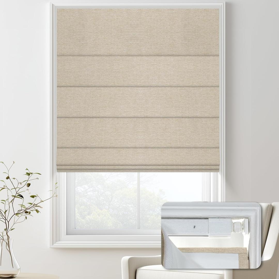 No Drill Blackout Roman Shades for Indoor Windows,Cordless Roman Blinds,Linen No Tools Window Shades,Easy to Install Window Blinds for Home Bedroom,Blackout-Oatmeal Grey,30" W x 64" H