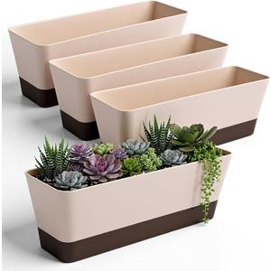 SHENLIU 4 Pack Rectangular Plant Pot, 12 Inch Watering Plant Container with Drainage Hole and Saucers Large Plastic Flower Pots Succulent Window Sill Planter Window Planter Box for Succulents, Flowers