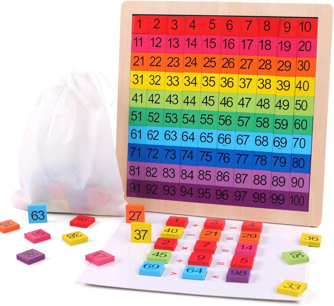 GEMEM Wooden Montessori Math Counting Hundred Board Toys, 1-100 Consecutive Numbers Learning & Educational Game Toy for Kids Toddlers 3 Year Old with Storage Bag