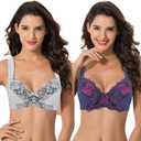 Curve Muse Women's Plus Size Unlined Underwire Lace Bra with Cushion Straps-2PK (34B, Light Grey,navy(2 Pack))