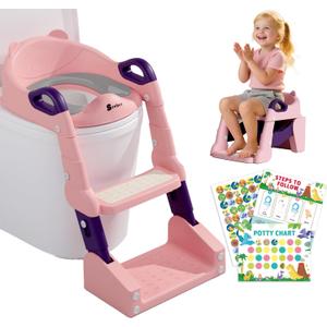 3-in-1 Potty Training Toilet, Toddler Toilet Seat with Step Stool, Foldable Potty Ladder with Potty Chart, PU Cushion, Splash Guard, Anti-Slip Steps & Urinal for Girls & Boys, Pink & Purple 