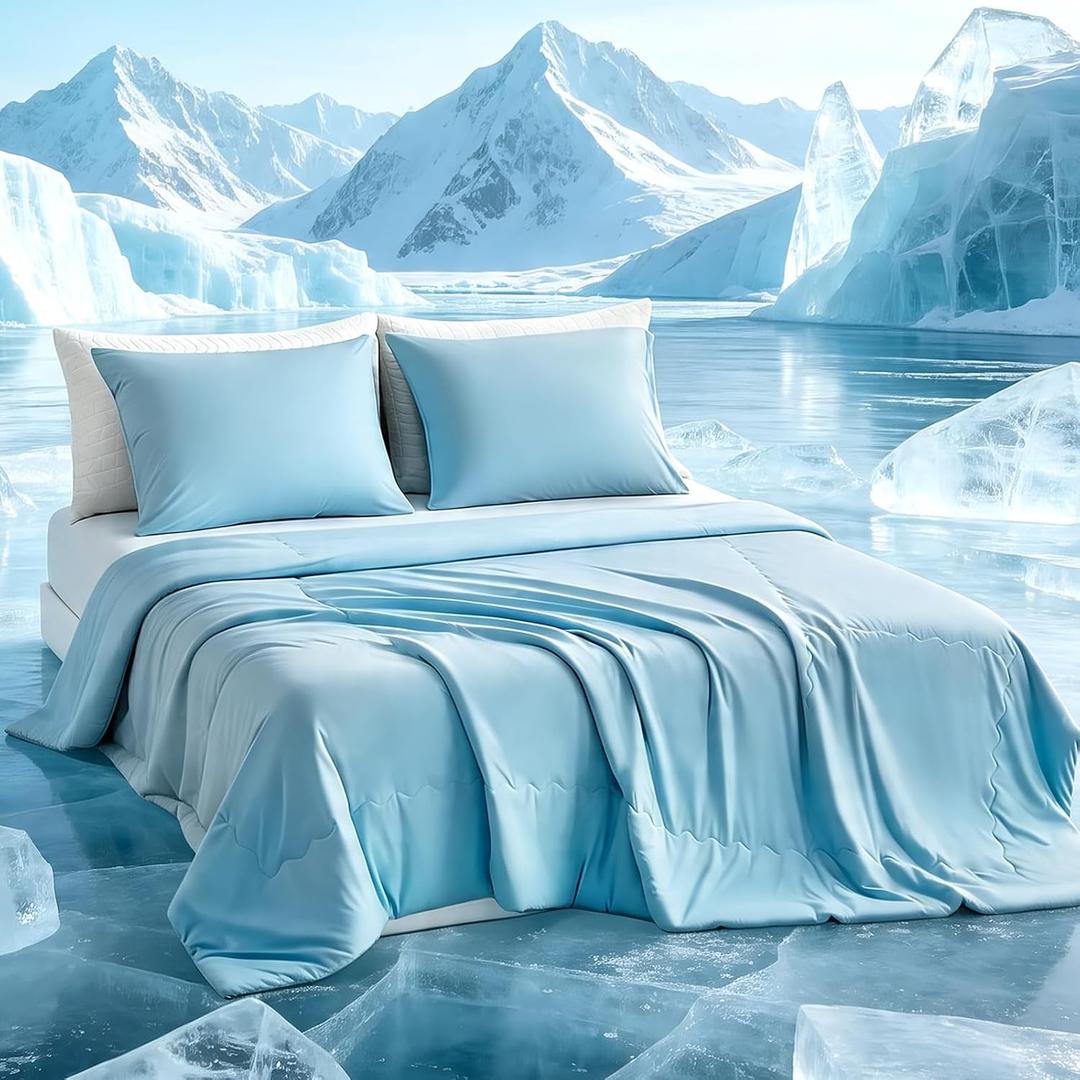 Tokokimo Cooling Comforter Set King Size with 2 Pillowcases, Cooling Blanket for Hot Sleepers and Night Sweats, Blue Silk Smooth & Lightweight Blanket for Summer, 104x90 Inches, Soft Bedding Set