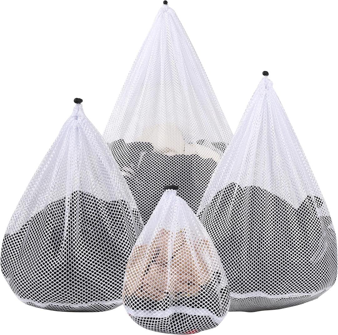 4Pcs Mesh Laundry Bags Washing Machine Mesh Wash Bags for Clothes,Underwear,Lingerie, Bed Linen with Drawstring Closure Sturdy(4 Size) (White)