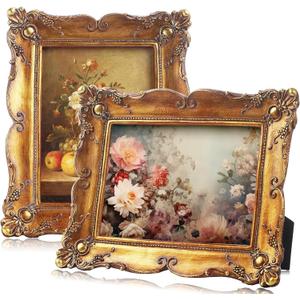 AceOrbit 2 Pcs Vintage Gold Frames 5x7 Gold Frames with Glass Floral Relic Hand Crafted Resin Antique for Tabletop Display, Retro Design Home Decor(Classic)