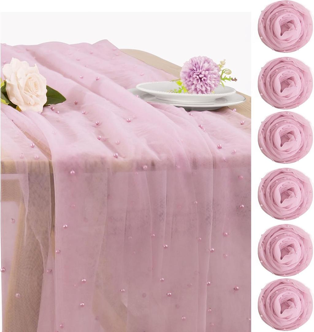 Set of 6 Pearl Table Runner 29 x 120 Inch Tulle Fabric Lace Table Runners for Bridal Shower Birthday Party Wedding Arch Dessert Table Decor(Pink)