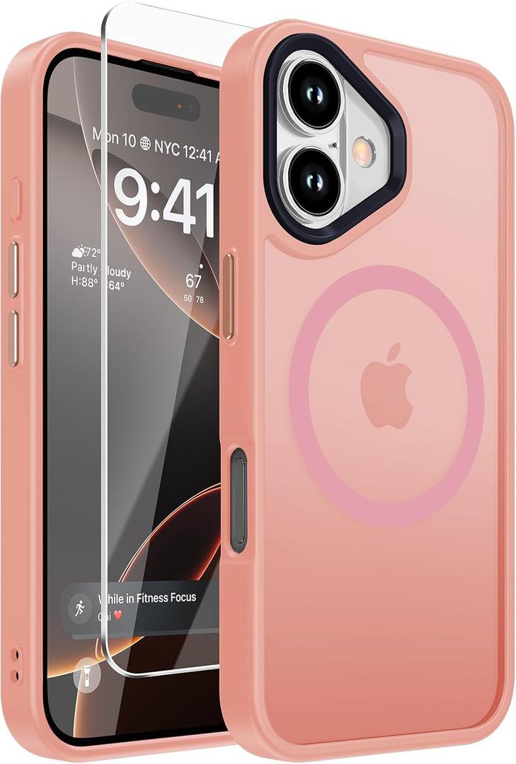 DEERLAMN Magnetic Matte Case for iPhone 16 with Screen Protector, [Compatible with MagSafe][Military Grade Drop Protection] Slim Translucent Shockproof Protective Phone Cover, Pink