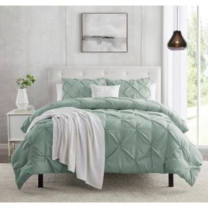 Sage Green Duvet Cover Queen Size - Pintuck Queen Duvet Cover Set, 3 Piece Double Brushed Duvet Covers with Button Closure, 1 Pinch Pleated Duvet Cover 90x90 inches and 2 Pillow Shams Luxury Bedding