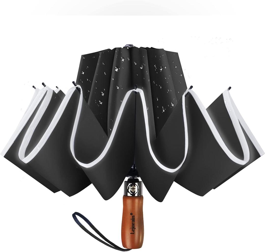 Lejorain Golf Large Inverted Umbrella - Black Big Windproof Heavy Duty Upside Down 54in Compact Car Automatic Folding Reflective Umbrella