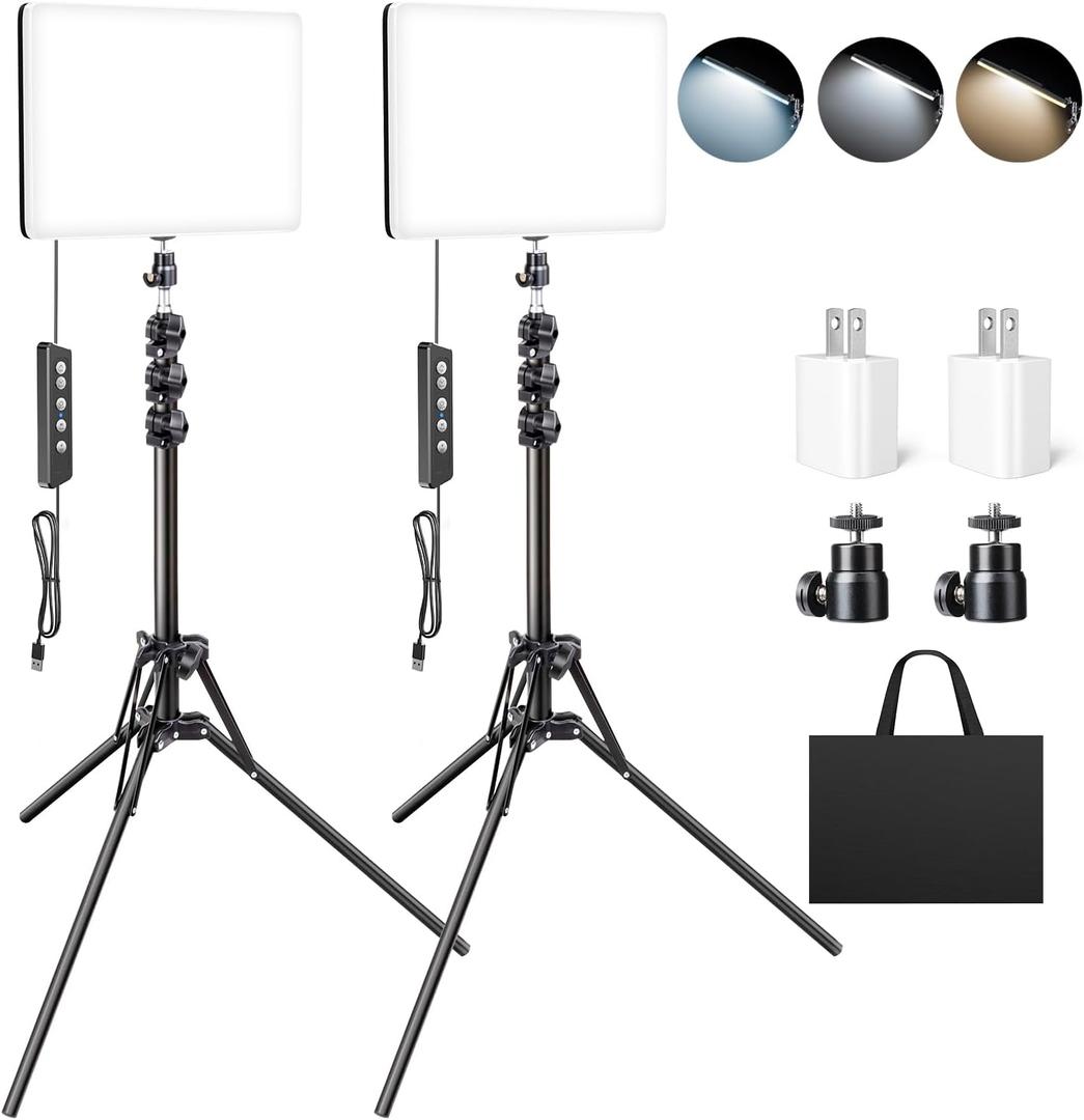 2 Pack LED Video Light Kit, Studio Lights, Scrhot Photography Lighting with 64" Tripod Stand, Dimmable 2800-8400K Podcast Lighting Panel for Video Recording/Game Live Streaming/YouTube