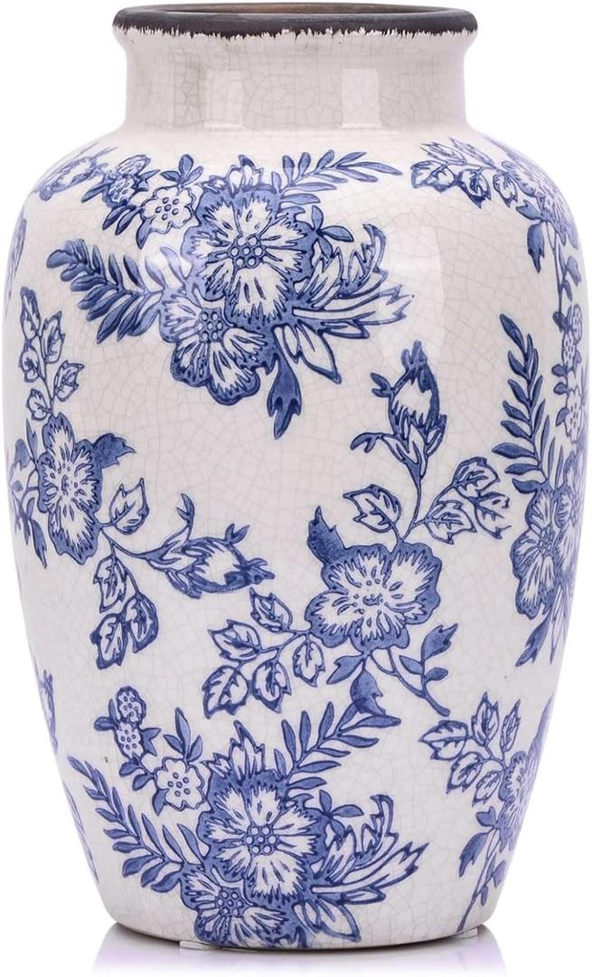 Chinoiserie Vase - 10.6" Tall Chinoiserie Decor Ice Crackle Vintage Blue and White Floral Vase, Farmhouse Country Home Decor, Living Room, Dining Table, Fireplace and Entryway Decor Centerpieces