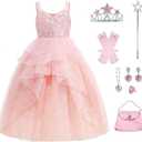 WYB Glinda Dress for Girls Pink Witch Costume for Girls Halloween Cosplay Outfits Party Dress with Accessories, Size 110
