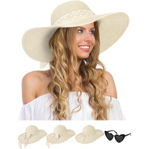 Senker Fashion Sun Hats for Women, Wide Brim Floppy Beach Straw Hat for Summer Travel Vacation Foldable with Sunglasses
