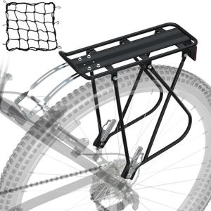 Bike Cargo Rack w/Bungee Cargo Net & Reflective Logo Universal Adjustable Bicycle Rear Luggage Touring Carrier Racks 55lbs Capacity Quick Release Mountain Road Bike Pannier Rack for 26"-29" Frames