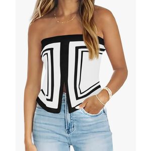 Saodimallsu Womens Strapless Crop Tube Tops Sexy Sleeveless Knit Summer Trendy Color Block Asymmetrical Y2k Bandeau Top L