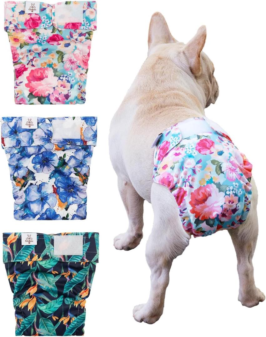 CuteBone Washable Dog Diapers Female No Tail Hole 3 Pack Reusable Doggie Period Training Pants for Docked-Tail Frenchie French Bulldog Boston Terrier Without Tail WWD04L, Medium