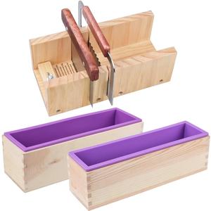 Loaf Soap Making Cutting Kit,Silicone Soap Making Liner Adjustable Wood Box with Stainless Steel Wavy+Straight Cutter for DIY Soap Making