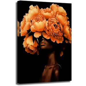 ZSHARTSWD African American Canvas Wall Art Black Woman with Flowers on Head Picture Abstract Black Girl Painting Prints for Girls Room Bathroom Decor Framed (Orange, 20L x 16W)