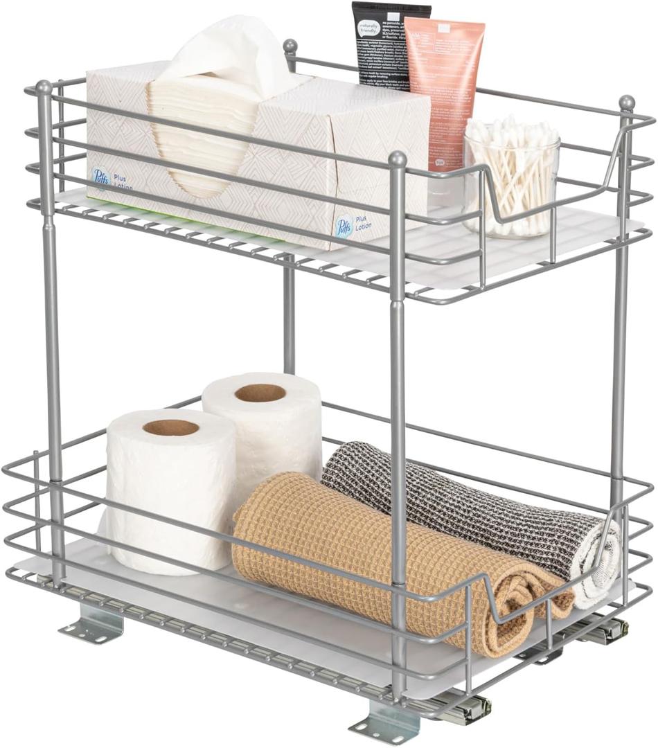 Household Essentials Glidez Steel Pull-Out/Slide-Out Storage Organizer with Plastic Liners for Under Cabinet or Wire Shelf Use - 2-Tier Design - Fits Standard Size Cabinet or Shelf, Brushed Silver