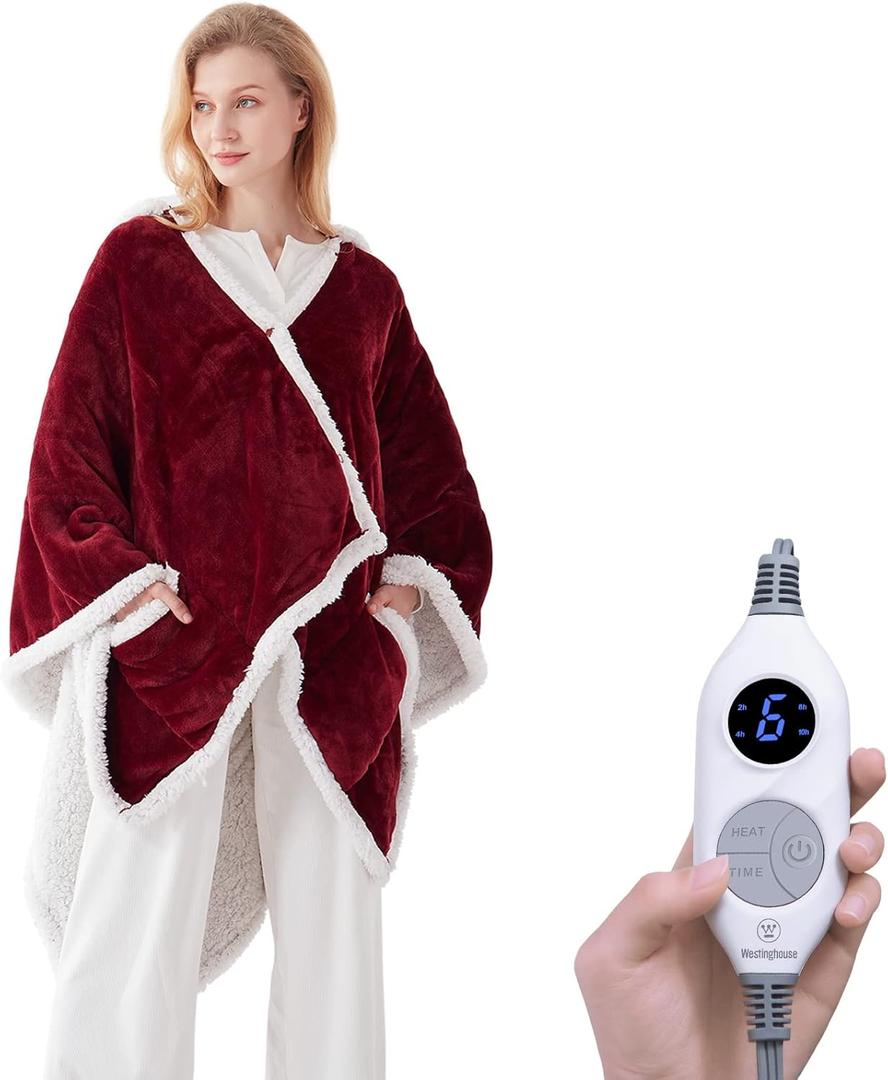Westinghouse Wearable Heated Throw Blanket, Electric Heated Wrap Poncho Shawl with Pockets, 6 Heating Levels & 2 to 10 Hours Time Settings, 50 x 60 Inch, Red