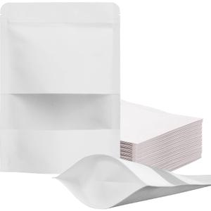 100 Pcs Resealable bags,4.7" x 7.9" Stand Up White Kraft Paper Bags with Matte Window, Zip Lock Food Storage Bags for Packaging Products, Reusable, Sealable