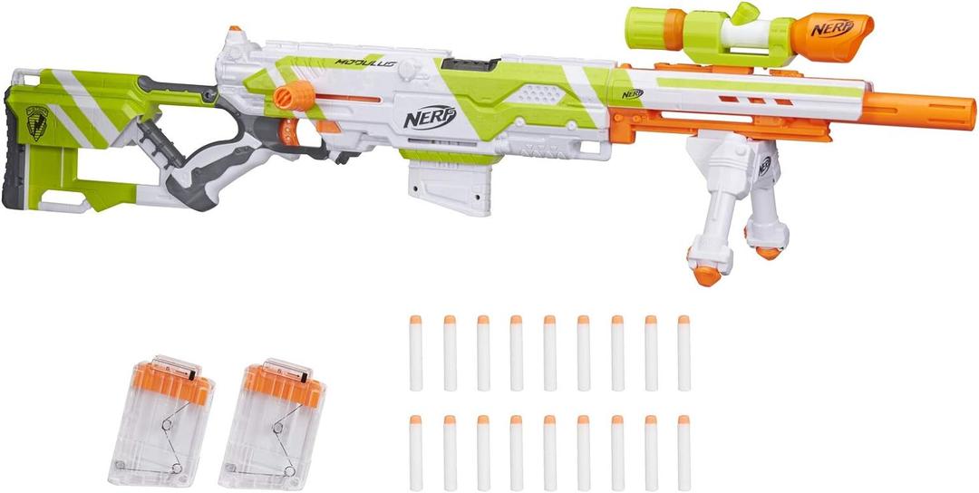 NERF Longstrike Modulus Toy Blaster with Barrel Extension, Bipod, Scopes, 18 Elite Darts & 3 Six-Clips