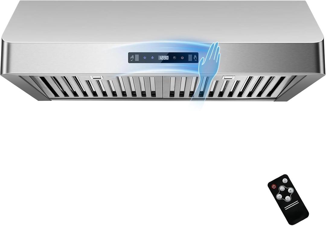 Under Cabinet Range Hood 30 inch, Kitchen Hood 900 CFM Stainless Steel with Gesture & Remote Control, 3-Speed Fan, Time Setting, Dishwasher Safe Baffle Filters, Range Hoods Ductless Convertible Duct