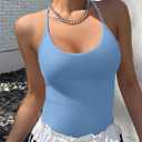 REORIA Women's Sexy Scoop Neck Backless Bodysuits Open T-Back Cami Sleeveless Bodysuit Tank Top Trendy (Blue, S)