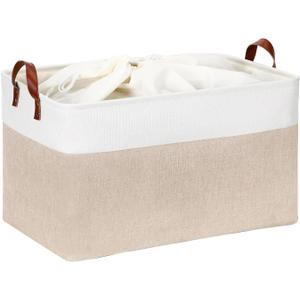 DULLEMELO 70L Extra Large Storage Bin, 22" x 15" x 13" Oversized Storage Basket, Collapsible Storage Box, Fabric Clothes Toys Blanket Basket for Shelves, Laundry, Nursery (White&Khaki)