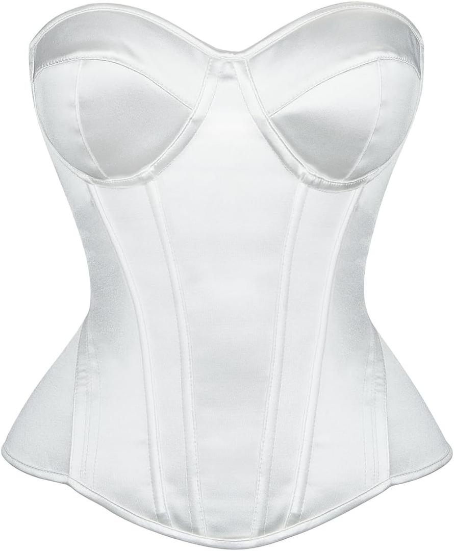 SHYMMUO Satin Corset Tops for Women Strapless Bustier Sweetheart Neckline Boned Bodice Bridal Lingerie Party Clubwear (Small, White)