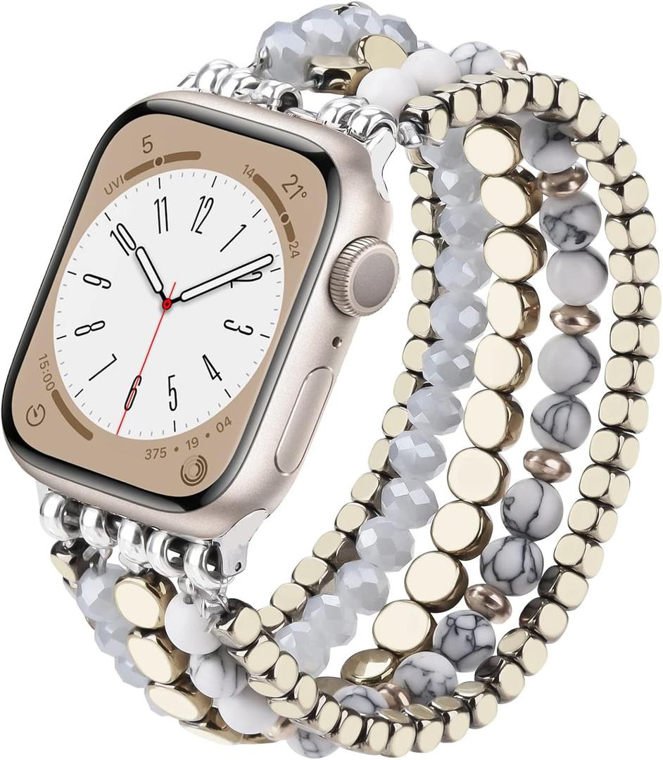 VISOOM Beaded Boho Bracelet Compatible for Apple Watch Band 40mm/38mm/41mm Series 9 8 7 SE Women Fashion Cute Handmade Crystal Beads Stretchy Watch Strap for iWatch Bands Series 6/5/4/3/2/1 (Gold)