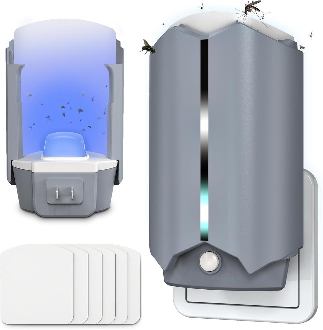 Indoor Fly Trap with UV Light, 2 Plug-in Flying Insect Traps and 6 Sticky Refills, Safe & Quiet Bug Catcher for Fruit Flies, Gnats, Mosquitoes, Moths & Small Insects