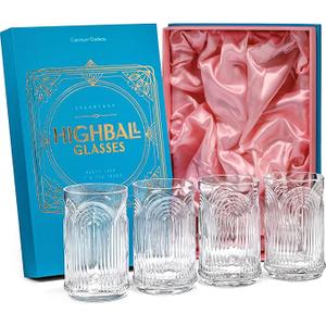 Vintage Art Deco 1920s Highball Cocktail Glasses | Set of 2 | 14 oz Tall Crystal Tumblers for Drinking Mojito, Whiskey Highball, Gin Rickey, Classic Long Bar Drinks | Large Hiball Glassware