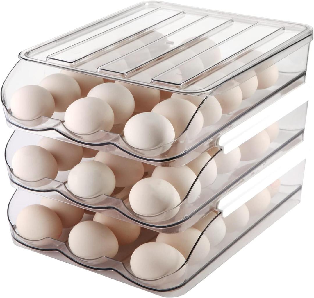 MesRosa Egg Holder for Fridge,Automatically Rolling Egg Storage Container for Refrigerator,Egg Organizer for Fridge with Lid,Clear Plastic Dispenser, Tray & Box -3 Layer