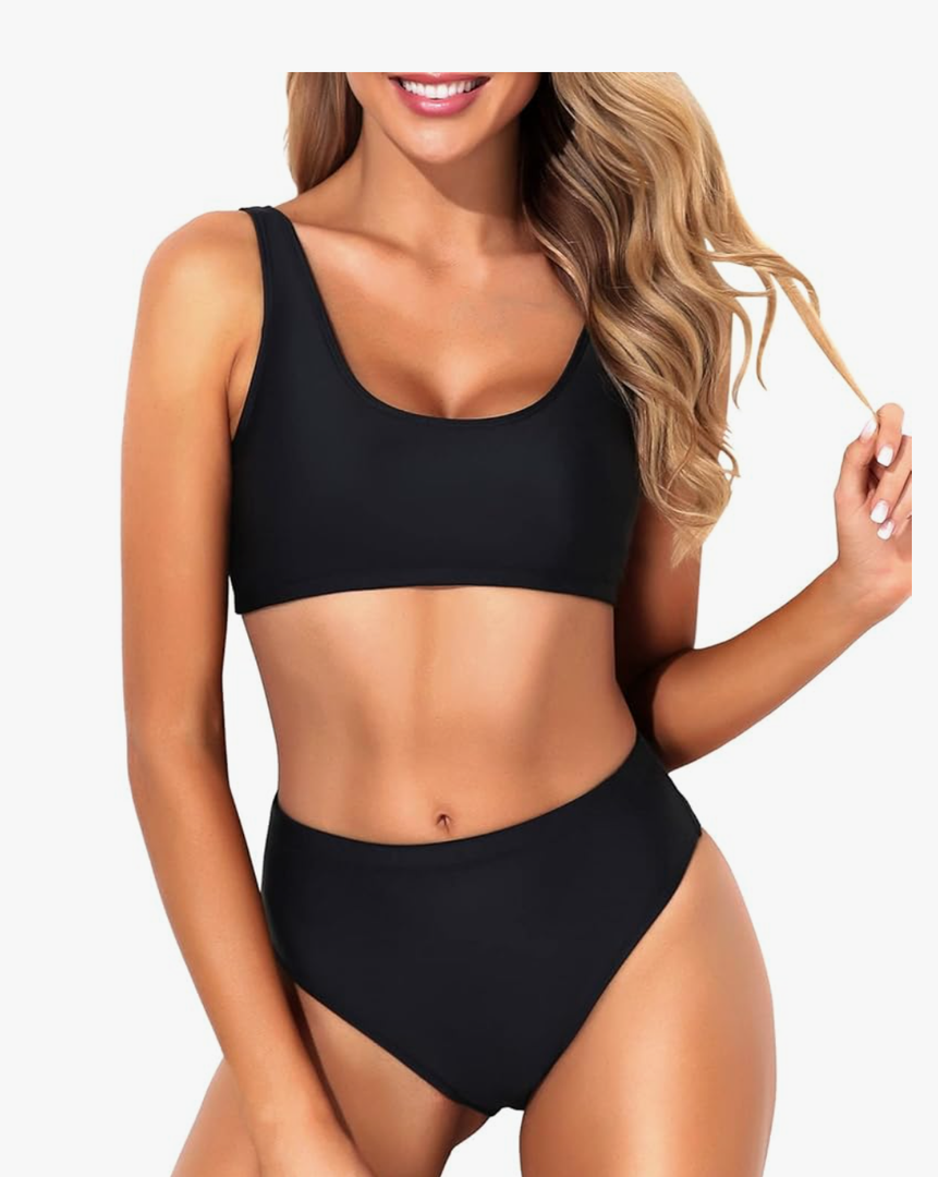 Tempt Me Women Two Piece Scoop Neck Bikini Crop Top Swimsuit Sporty High Waisted Bathing Suit, M