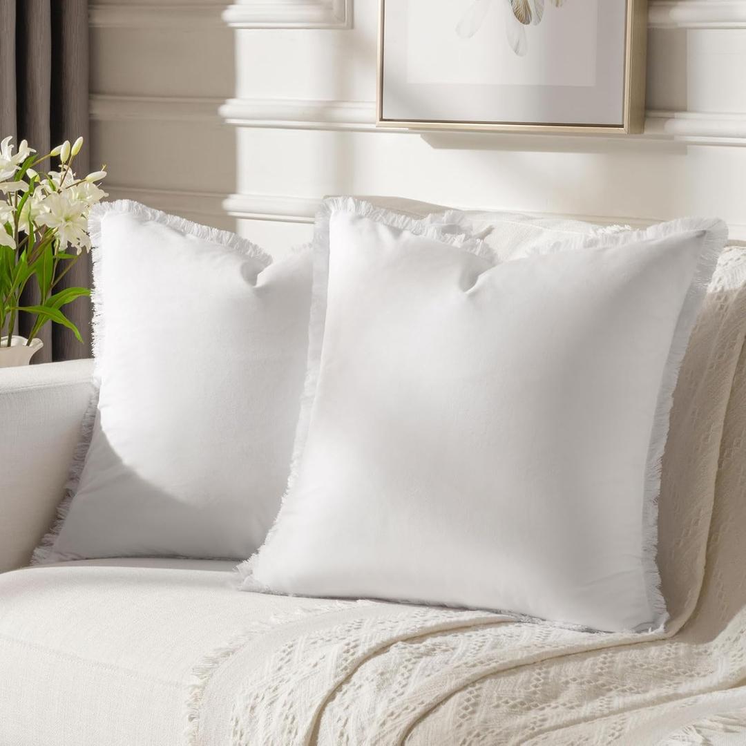 FUTEI Cream White Boho Throw Pillow Covers with Tassels 24x24 Inch Set of 2,Soft Velvet Decorative Euro Pillow Shams,Home Decor for Couch Bed Living Room