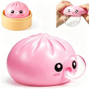 Dumpling Squishy Toy with Bubble Blowing Feature, Squishy Dumpling Stress Relief Toy, Cute Bao Bun Squeeze Toy with Steamer Box, Soft Sensory Fidget Desk Toy Gift (Pink)