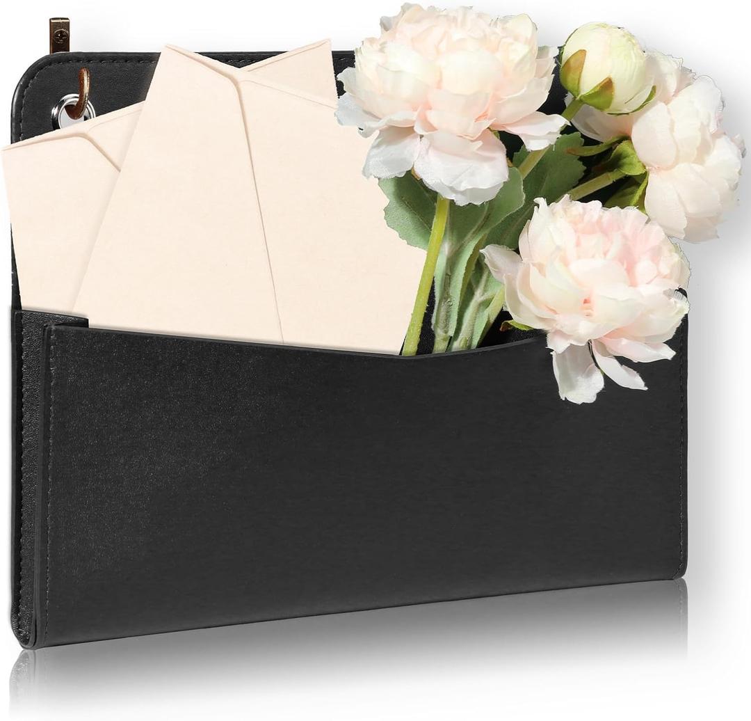 Wall Mount PU Leather Mail Holder Black Faux Leather Letter Holder 2 Ring PU Leather File Organizer Stylish Wall Hanging Mail Storage for Flowers Envelope Key Notebooks Home Office Decor