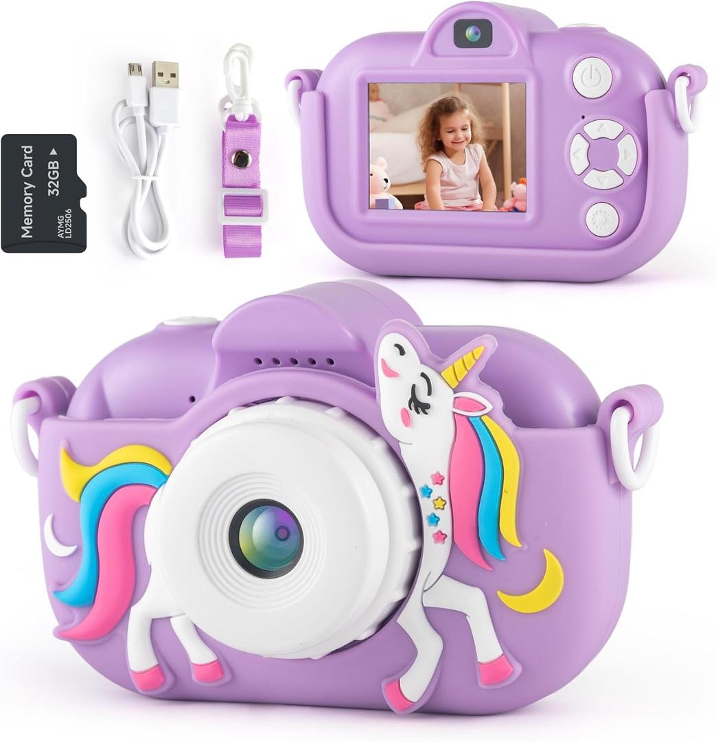 Kids Camera for Girls 3-5 Years Old, Kids Digital Camera with Silicone Cover, 48MP/1080P Video Recording Selfie Camera for Kids Christmas Birthday Gifts for Age 4-8 Girls Toys
