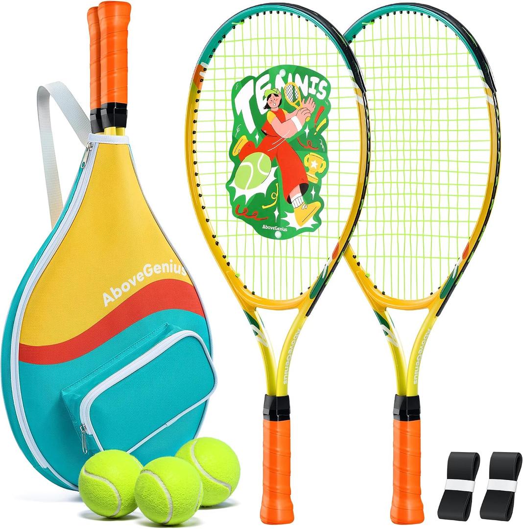 AboveGenius Kids Tennis Racket Set, 21/23/25 inch Tennis Racket for Toddler Youth Starter Kit, 3 Balls, 2 Lightweight Racquets with Easy Carrying Shoulder Strap Bag