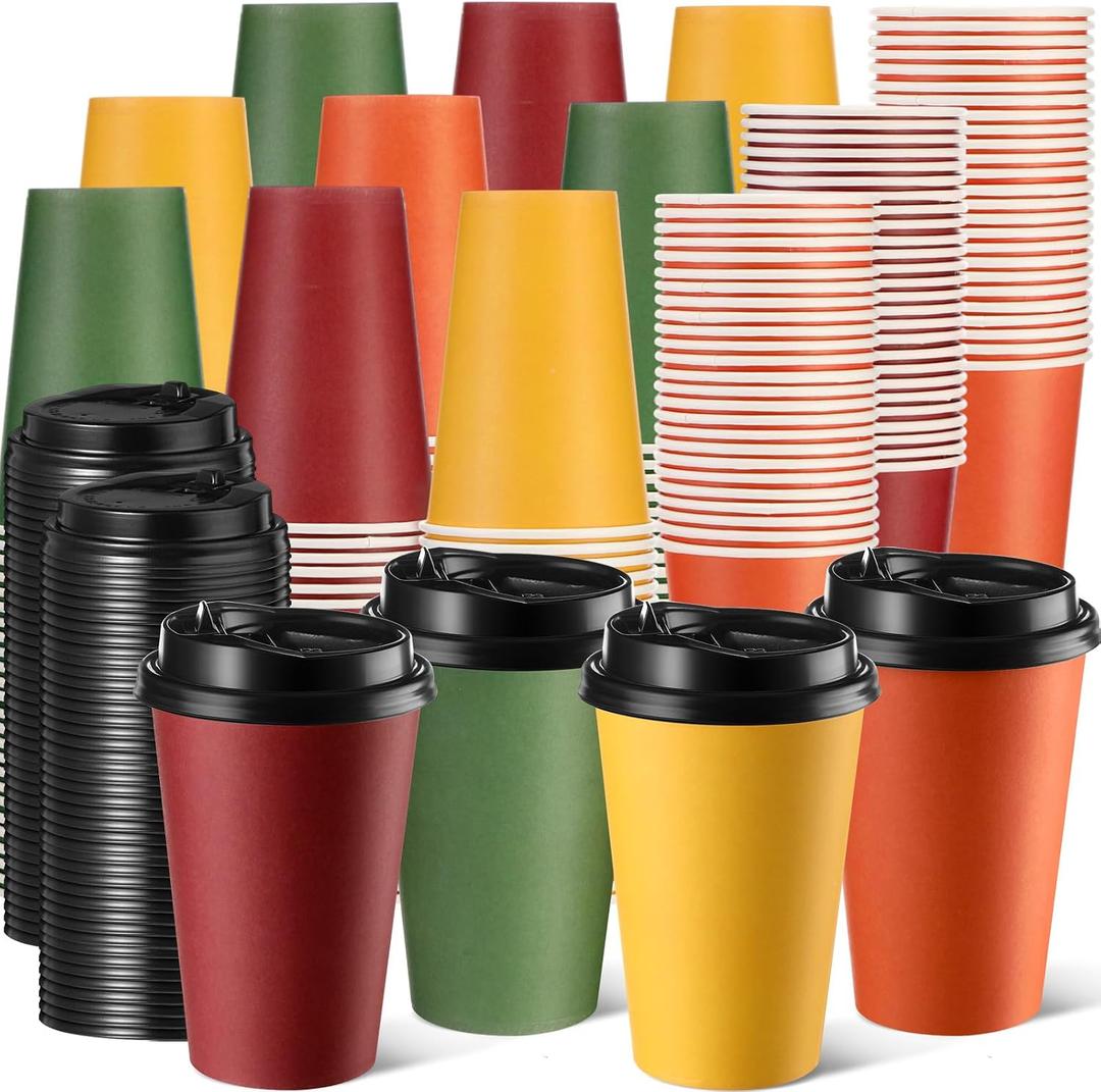 Teenyyou 200 Pack 12 oz Fall Disposable Coffee Cups with Lids Bulk Autumn Paper Orange Color Drinking Thanksgiving Party Insulated Cups for Hot Cold Drinks Travel Party Supplies